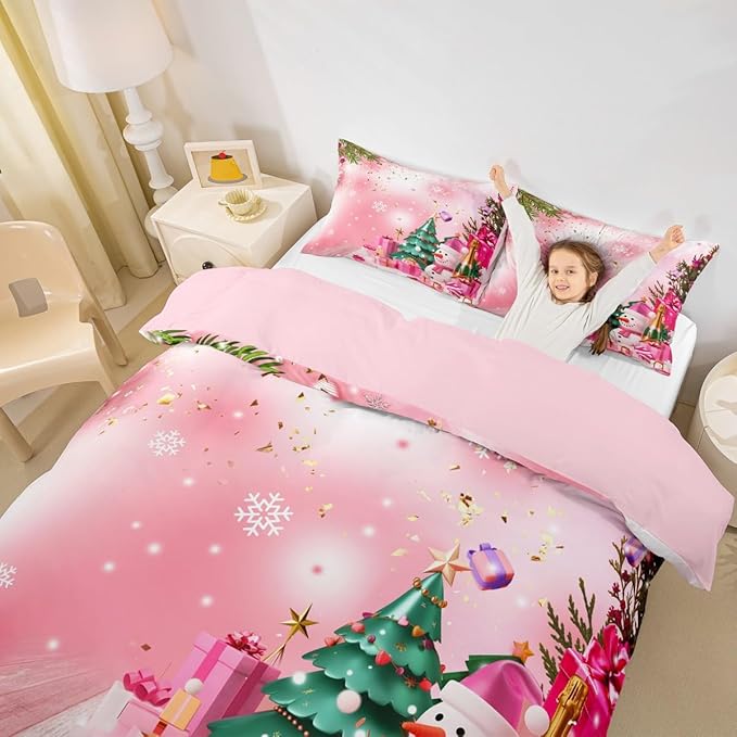 Christmas Bedding Set Kids Christmas Tree Snowman Xmas Theme Comforter Cover Set for Boys Girls Snowflake Duvet Cover Breathable Luxury Gift Boxes Bedspread Cover Room Decor Quilt Cover Queen Size