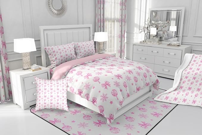 Feelyou Pink Christmas Bedding Set Soft for Boys Girls, Bow Candy Comforter Set Full Size Star Snowflake Duvet Quilt Microfiber Bedroom Decor 3 Pcs with 2 Pillow Cases