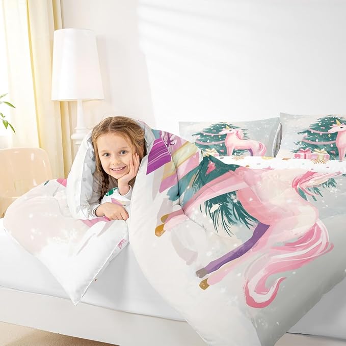 Feelyou Merry Christmas Comforter Set Twin Size Cute Unicorn Bedding Set for Kids Boys Girls Gift Duvet Quilt Christmas Tree Bedroom Decor Microfiber 2 Pcs with 1 Pillow Cases