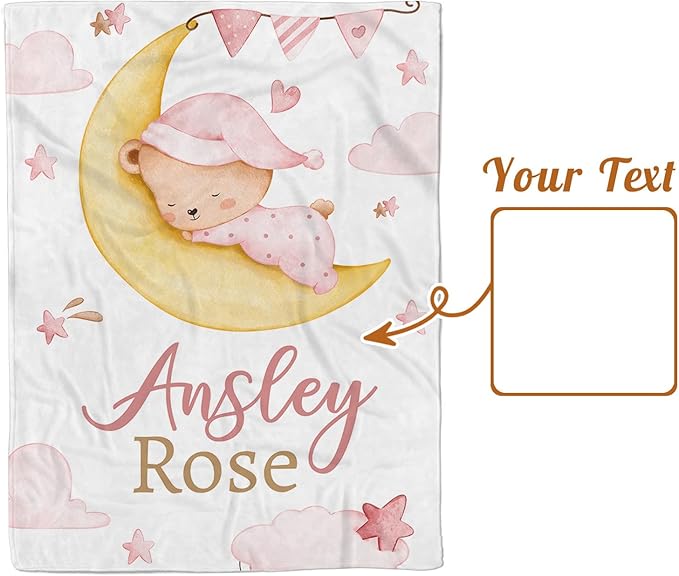 Personalized Baby Blanket for Girls, Custom Name Blanket for Newborn Toddler, Soft Flannel with Double Layer Dotted Backing, Gifts for Baby Shower Christmas Birthday, Pink Moon Bear(30”x40)
