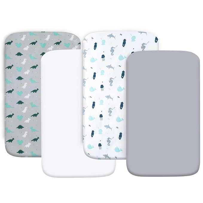 Crib Sheets for Boys or Girls 4 Pack, Baby Crib Sheets 52'' x 28'' for Standard Crib & Toddler Mattress, Soft and Breathable Material, Baby Crib Sheet Neutral, Grey Dinosaurs & Ocean