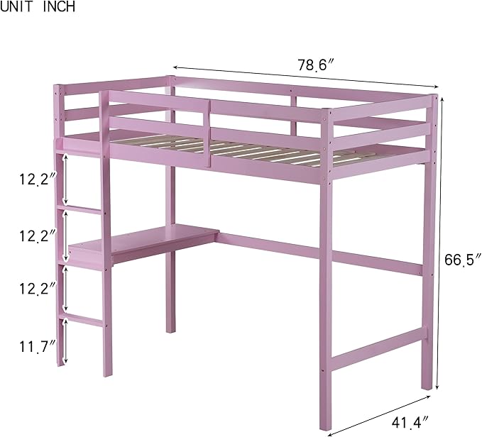 Bellemave Twin Loft Bed with Desk,Loft Bed for Kids, Boys, Girls,Wooden Loft Be Frame with Desk and Ladder, Pink