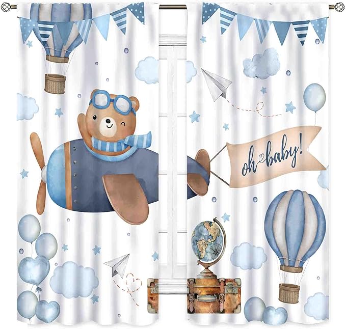 Cartoon Bear Curtains, Kids Boys Girls Cute Lovely Bear Adventure Airplane Cloud Pastel Blue Window Drapery Treatments for Baby Living Room Bedroom Nursey Toddler Classroom 2 Panels, 84"x63" Inch
