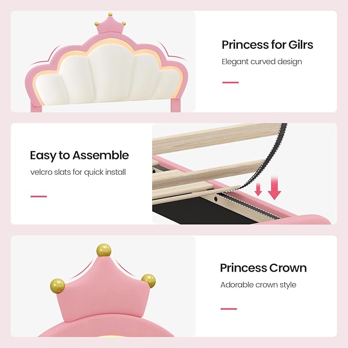 BTHFST Full Size Bed Frame with LED Lights, Girls Full Bed with Princess Crown, LED Velvet Upholstered Platform Bed Frame with Adjustable Headboard, No Box Spring Needed, Pink