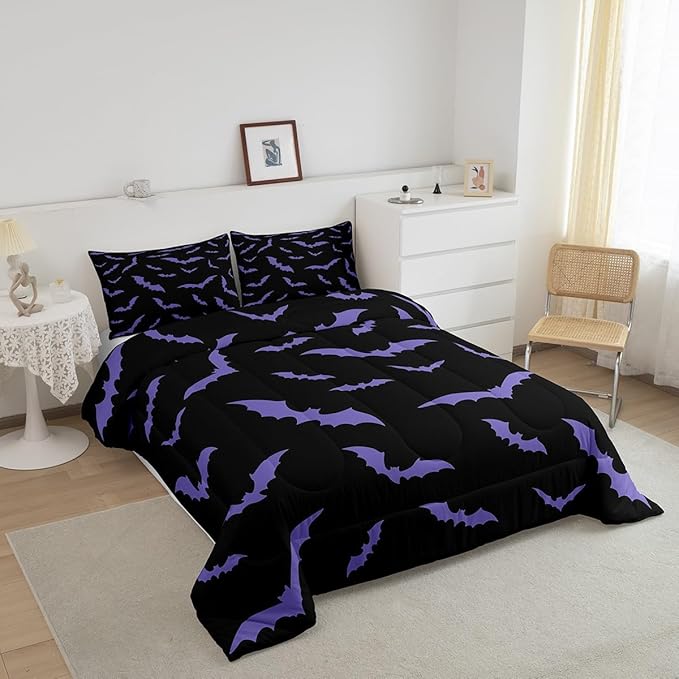 Erosebridal Happy Halloween Comforter Set with 2 Pillow Cases Dark Purple Gothic Bats Quilt King Size for Kids Boys Black Spooky Cartoon Gothic Bedding Set