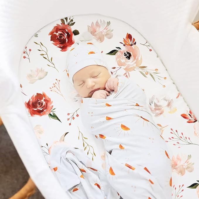 Stretchy Ultra Soft Bassinet Fitted Sheets 3 Pack, Universal Fitted for Bassinets Oval Rectangle Mattress, Pretty Bassinet Sheets for Baby Girls, Watercolor Rose Flora Orange Pink