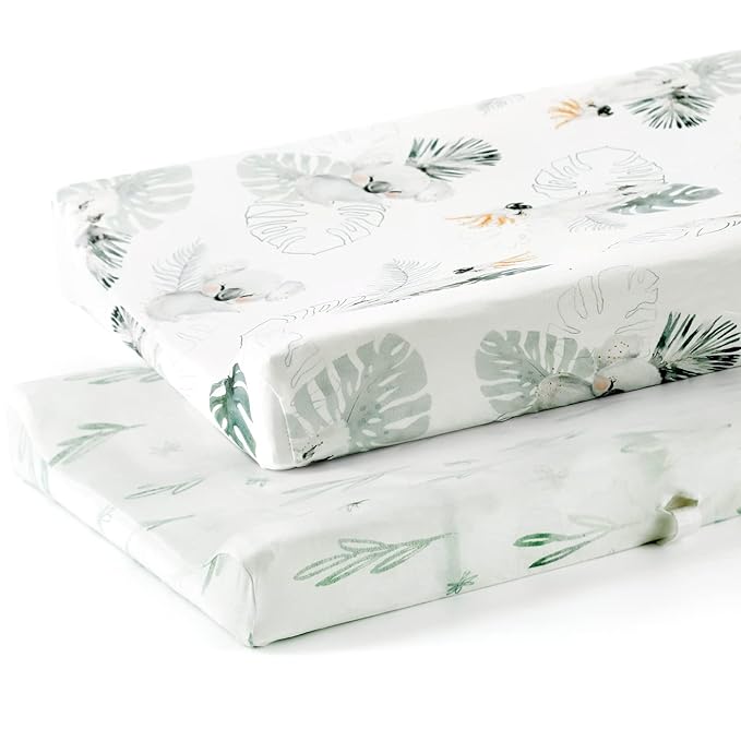 GRSSDER Stretch Ultra Soft Jersey Knit Changing Pad Cover Set 2 Pack, Change Table Pad Covers Fit 32"/34" x 16" Pads Safe and Snug, Stylish Watercolor Animals for Baby, Mint Green