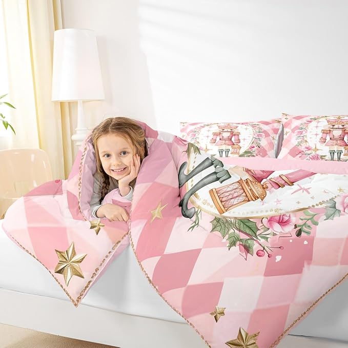 Feelyou Christmas Comforter Set King Size Pink Nutcrackers Bedding Set for Kids Boys Girls Floral Duvet Quilt Funny Nutcracker Bedroom Decor Rose Microfiber 3 Pcs with 2 Pillow Cases