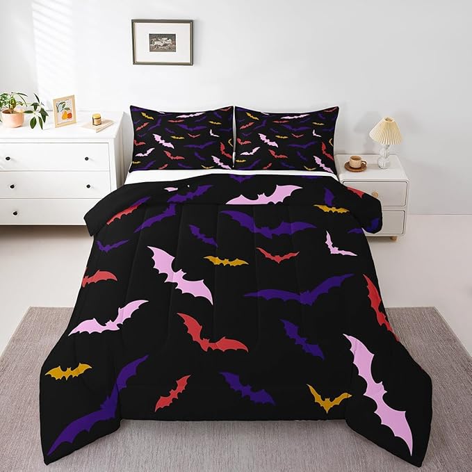 Erosebridal Bat Bedding Set Toddler Size for Kids Children Happy Halloween Comforter Set Flying Bat Quilt Gothic Spooky Down Comforter with 1 Pillow Case,Purple and Pink