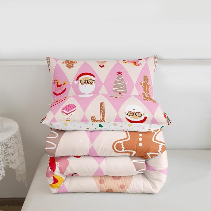 Feelyou Pink Christmas Kids Comforter Set Queen Size Santa Claus Bedding Set Xmas Tree Nutcracker soldier Duvet Quilt for Kids Boys Girls Bedroom Gingerbread Man Decor Microfiber Ultra Soft Breathable