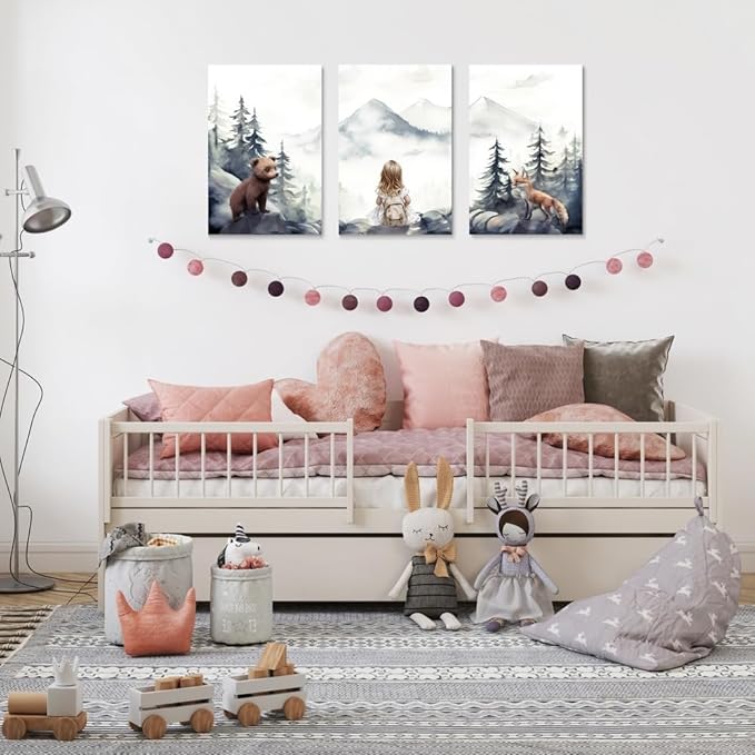 Baby Girl With Animals Adventure Nursery Wall Art, Adventure Toddler Decor, Outdoor Woodland Nursery Wall Decor for Girl's Bedroom, Mountain Forest Landscape Kid Art Print, Framed Set of 3, 16"x24"x3