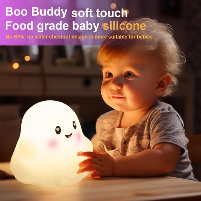 Ghost Night Light for Kids,Halloween Night Light with 13 Interactive Sound Effects ,Cute Silicone Light with 3 Levels of Brightness,Suitable for Indoor Halloween Decorations and Family (white ghost)