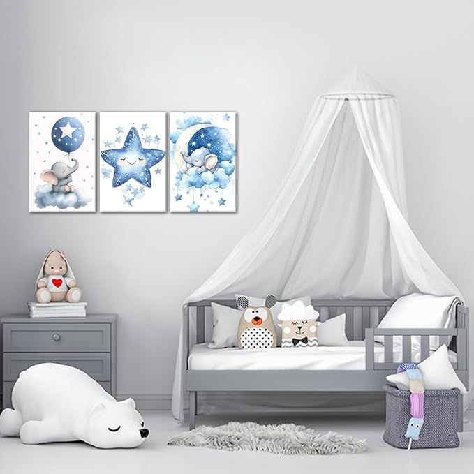 Nursery Canvas Wall Art Elephant Pictures Wall Decor Moon and Stars Painting Baby Boy Prints Cute Animal Poster Artwork for Kids Room Bathroom Decor Framed(Baby-1,20L x 28W x 3Pcs)