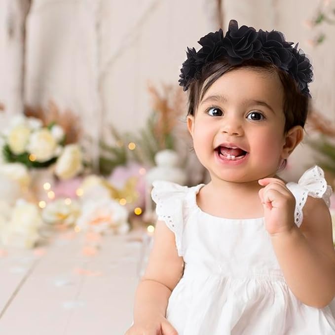 cherrboll Baby Girl Nylon Headbands, 3Pcs Handmade Floral Hair Bows, Stretchy Flower Hairbands for Newborns Infants Toddlers