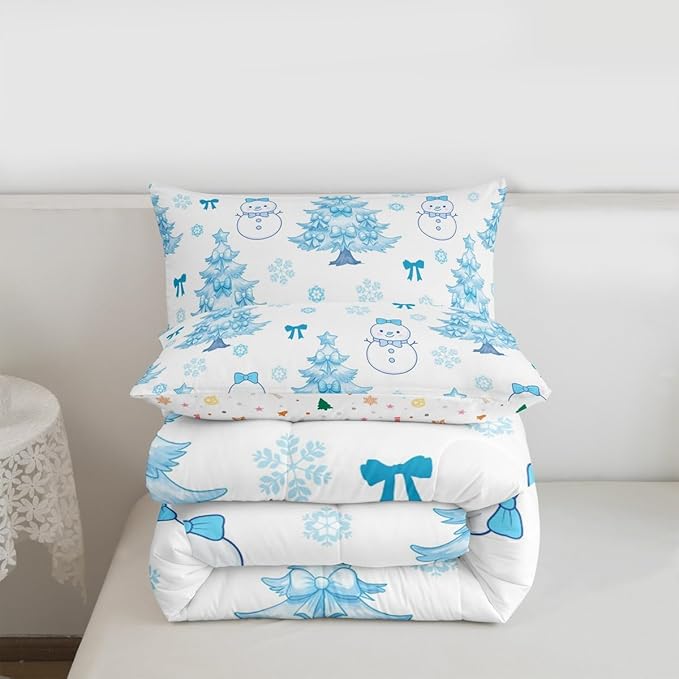 Feelyou Merry Christmas Bedding Set Soft for Boys Girls, Cute Snowman Comforter Set Full Size Cartoon Bowknot Duvet Quilt Microfiber Christmas Tree 3 Pcs with 2 Pillow Cases