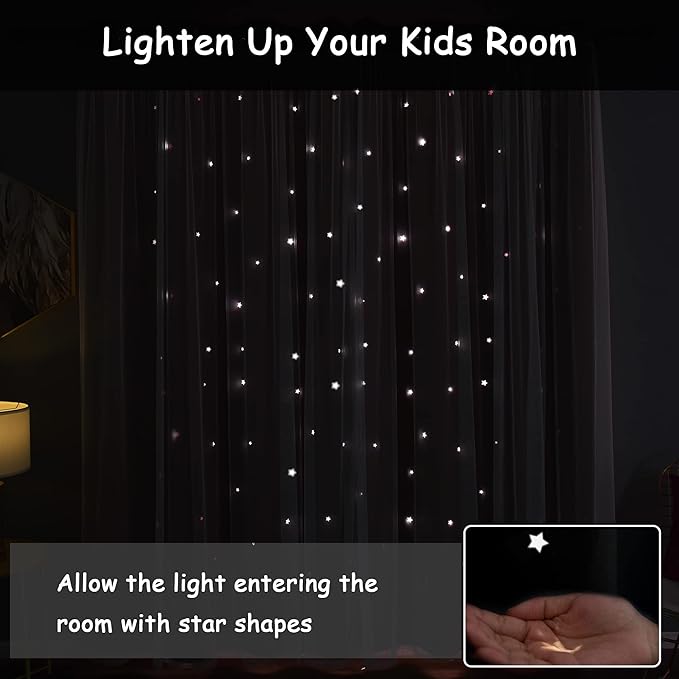 Kinryb Kids Blackout Curtains for Bedroom/Living Room/Classroom, Sheer Overlay 2 Free Tiebacks, Double Layer Curtains with Star Cutout for Kids Room(Each Piece W 70 x L 84 Inches 2 Pcs Red)