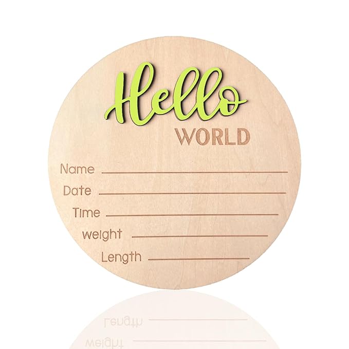 Baby Announcement Sign, 5.9 Inch Wooden Hello World Newborn Signs, Birth Announcement Sign, Baby Shower Hospital Nursery for Newborn Boys and Girls (Wilderness Green)