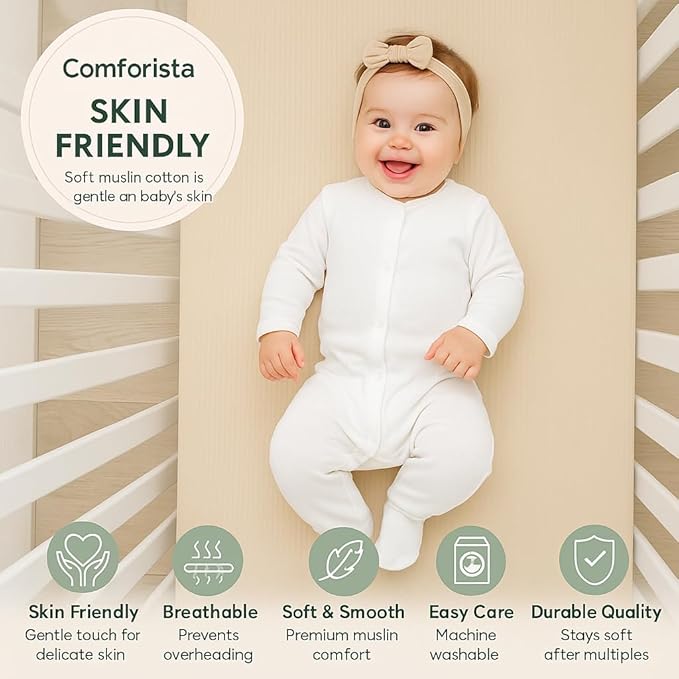 White Muslin Crib Sheets Set of 2, 52x28 Crib Mattress Sheets Soft Muslin Cotton, Fits Standard Rectangular & Oval Mattress, Neutral Nursery Bedding, No Shrinking, Fitted Crib Sheet