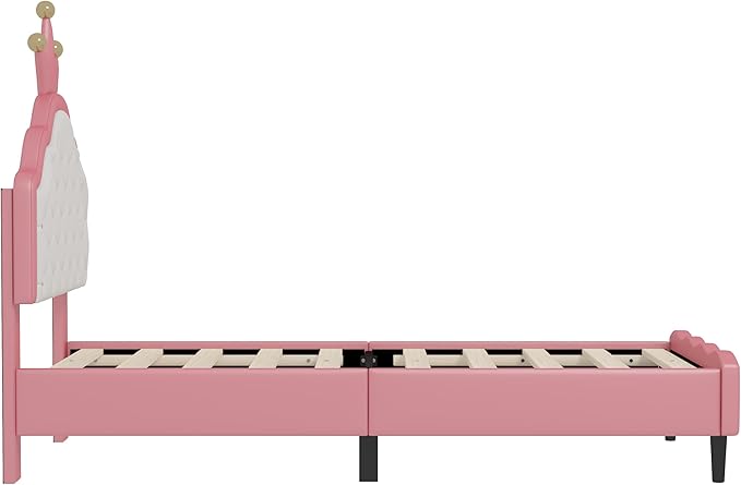 Bellemave Twin Size Princess Bed Frame with Lovely Crown Shaped Headboard for Girls,Upholstered Platform Bed with Slats Support,Twin Girls Bed,Pink Cream