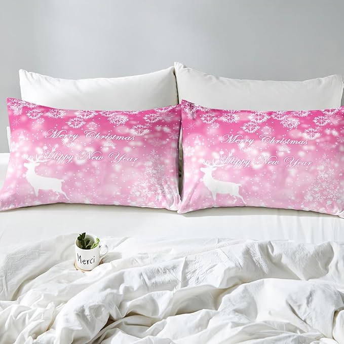 Manfei Christmas Pink Duvet Cover Set Full Size, Xmas Trees Deer Snowflake Bedding Set 3pcs for Kids Girls, New Year Theme Comforter Cover Soft Polyester Quilt Cover with 2 Pillowcases,No Comforter
