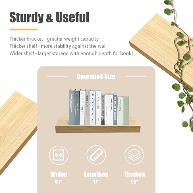 Habudda Floating Shelves for Wall, Natural Wood Shelf Decor for Bathroom Kitchen Bedroom, Hanging Mounted Invisible Bracket, Small 17 inch, Rustic Burlywood