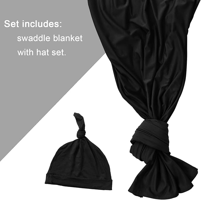 Newborn Swaddle Blanket with Hat Set Baby Swaddle Set Hospital Receiving Blankets for Girls Boys(Black)