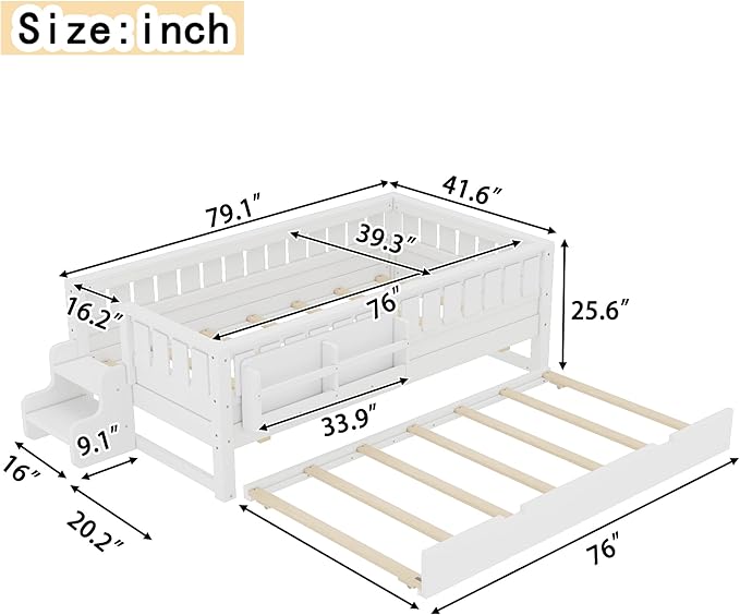 Bellemave Twin Size Kids Bed with high Rails and with Built-in Bookshelf and Trundle for Kids, Girls, Boys, Wood Montessori Bed Without Door, White