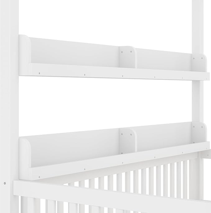 Bellemave Twin Canopy Bed with Rails and Slats,Wooden Floor Bed with Bookcase and 4 Poster Design,Montessori Floor Bed Frame,No Spring Box Needed（Twin,White）