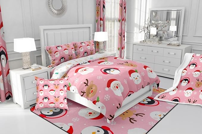 Feelyou Pink Christmas Comforter Set Toddler Size Santa Claus Bedding Set for Kids Boys Girls Deer Penguin Duvet Quilt Snowman Bedroom Decor Microfiber 2 Pcs with 1 Pillow Cases