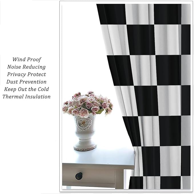 Black Checkered Curtains,70s Vintage Twisted Checkered Window Drapes Colorful Groovy Trendy Wavy Hippie Grid Print Window Treatments for Kids Boy Bedroom Living Room 63" W X 63" L