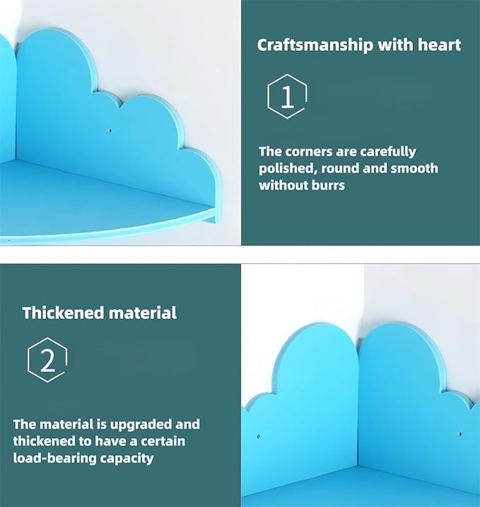Cloud Wall Shelf Set of 3 Corner Hanging Shelf Nursery Book Shelf, Scalloped Design, Safe and Non-Toxic Sheet Wall-Mounted Background for Kids Bedroom, Toddler Room, Baby Room Decor