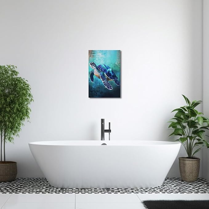 AWPANERAR Sea Turtle Wall Art Bathroom Pictures Watercolor Sea Life Canvas Prints Ocean Animal Poster Nautical Theme Artwork for Kids Room Nursery Decor Framed (Blue, (42L x 28W))