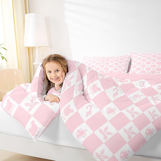 Feelyou Christmas Comforter Set Full Size Checkered Pattern Bedding Set for Kids Boys Girls Holiday Theme Duvet Quilt Xmas Decorations Bedroom Decor Pink Microfiber 3 Pcs with 2 Pillow Cases