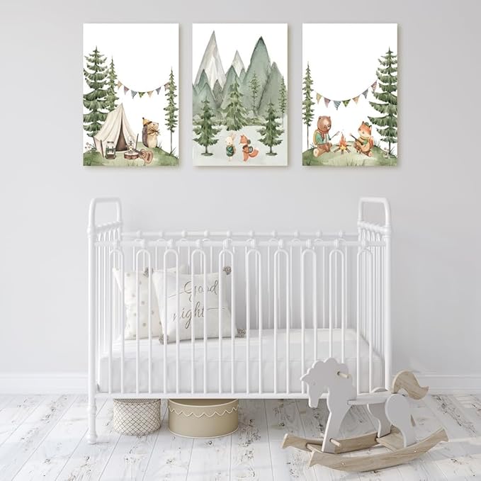 Camping Nursery Wall Art, Woodland Hiking Nursery Wall Decor, Bear Fox Animals Forest Mountain Wall Art, Nature Kid Print for Baby Boy Girl Bedroom, Children's Room Decor, Framed Canvas, 16"x24"x3
