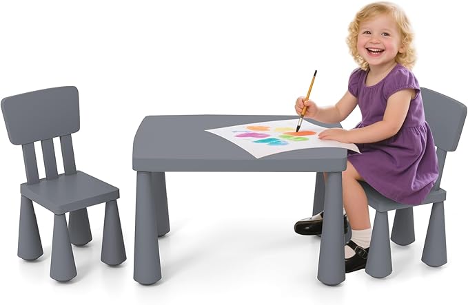 HONEY JOY Kids Table and Chair Set, Plastic Children Activity Table and 2 Chairs for Art Craft, Easy-Clean Tabletop, 3-Piece Toddler Furniture Set for Daycare Playroom, Gift for Boys Girls (Grey)