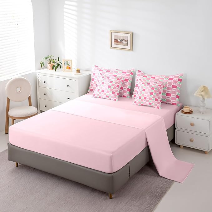 7 Pieces Cartoon Frog Kids Comforter Set Twin,Pink Bowknot Bow Tie Butterfly Knot Bedding Set,Geometric Plaid Grid Patchwork Cute（Comforter+Fitted+Flat Sheet+2 Pillowcases+2 Throw Pillow Covers）