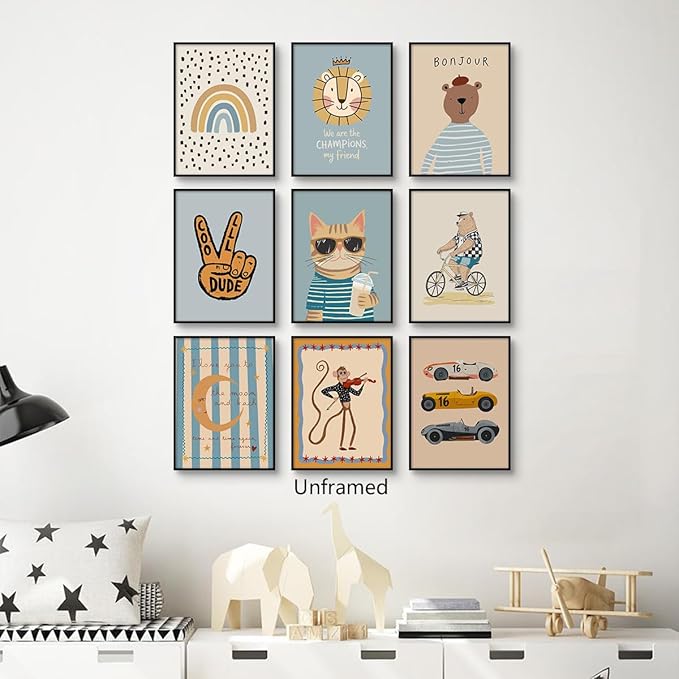 9 Pieces Nursery Canvas Wall Art, Cute Milkshake Cat Poster, Happy Bear and Violin Playing Monkey Kids Poster, Boys Playroom Cars Picture, Cozy Rainbow Dots and Smiling Moon Print 8x12in Unframed