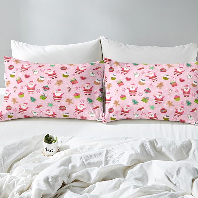 Manfei Christmas Duvet Cover Set King Size, Santa Claus Xmas Trees Snowflake Comforter Cover with 2 Pillowcases, New Year Pink Bedding Set 3pcs for Kids Girls Lightweight Bedspread Cover,No Comforter