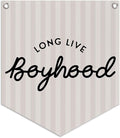 Lacama Long Live Boyhood Linen Banner,Vintage Boy Room Toddler Decor,Boy Bedroom Wall Hanging Banner Pennant Flag Decor for Nursery Playroom,12.4x14 in(Neutral Stripe)