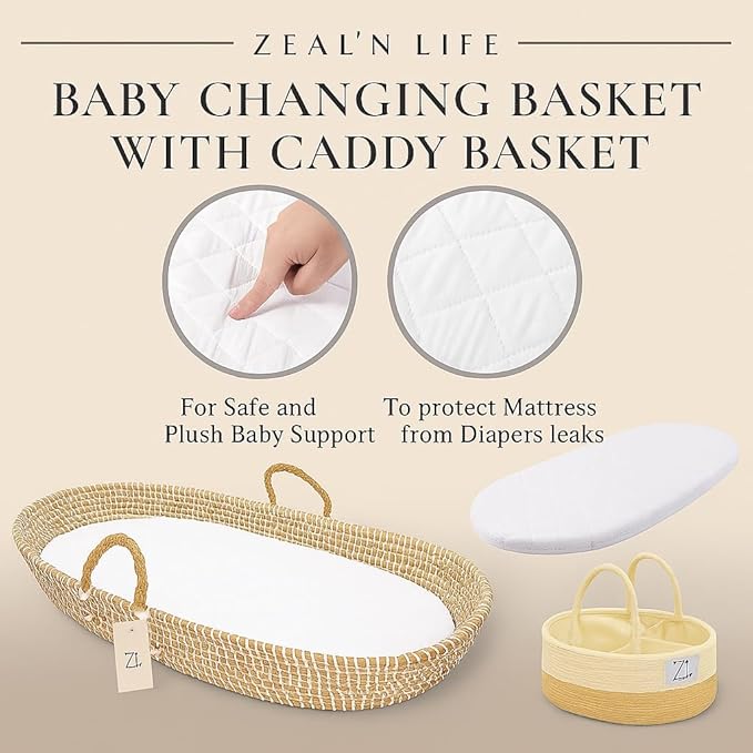 ZEAL'N LIFE Seagrass Baby Changing Basket, Diaper Basket, Baby Towel & Baby Changing Pad and Waterpoof Cover, Premium Handmade Seagrass, Moses Baskets for Newborn (Light Brown)