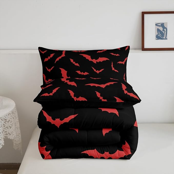 Erosebridal Bat Bedding Set Halloween Comforter Set with 2 Pillow Cases Red Bats Animals Quilt Queen Size for Kids Boys Bedroom Holiday Gothic Spooky Style Quilt
