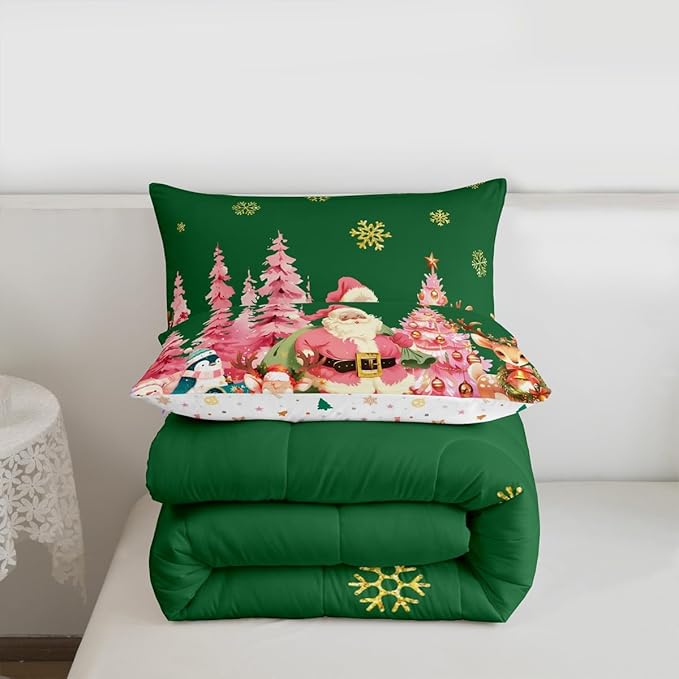 jejeloiu Merry Christmas Comforter Set Full Size Santa Claus Bedding Set for Kids Boys Girls Cute Deer Duvet Quilt Green Bedroom Decor