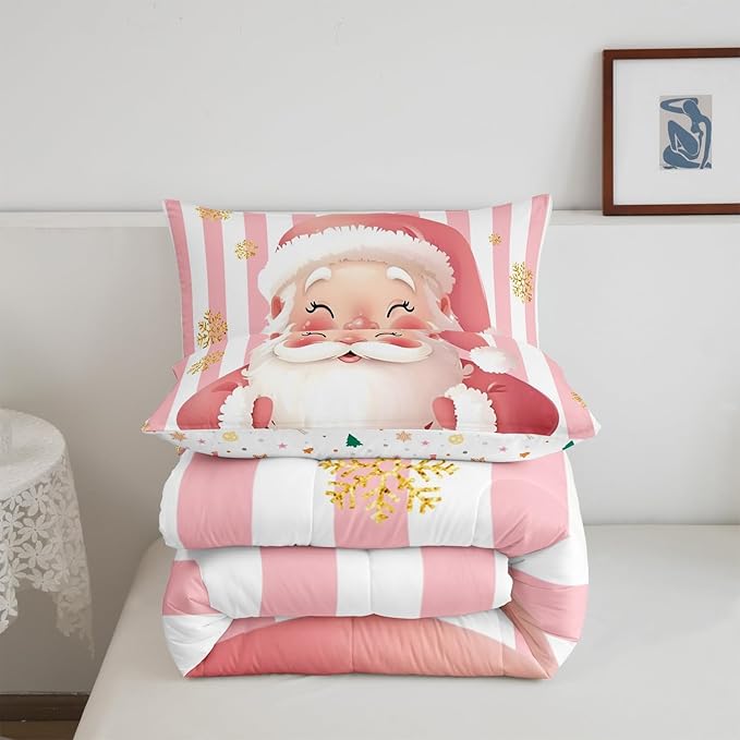 Feelyou Merry Christmas Decorations King Size Comforter Set Santa Claus Bedding Set Pink Quilt Set Soft Warm Lightweight Duvet Set