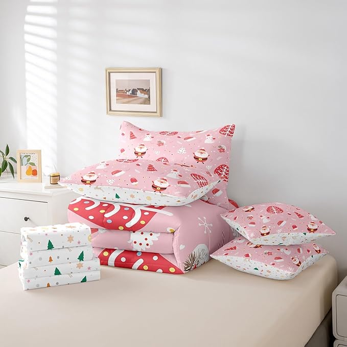 Santa Claus Bed in a Bag Cute Rabbit Kawaii Pink Comforter Set with Sheets for Kids Boys Girls Decor Merry Christmas Bed Set Girly Pink Bedding Set Bedroom Collection Full Size