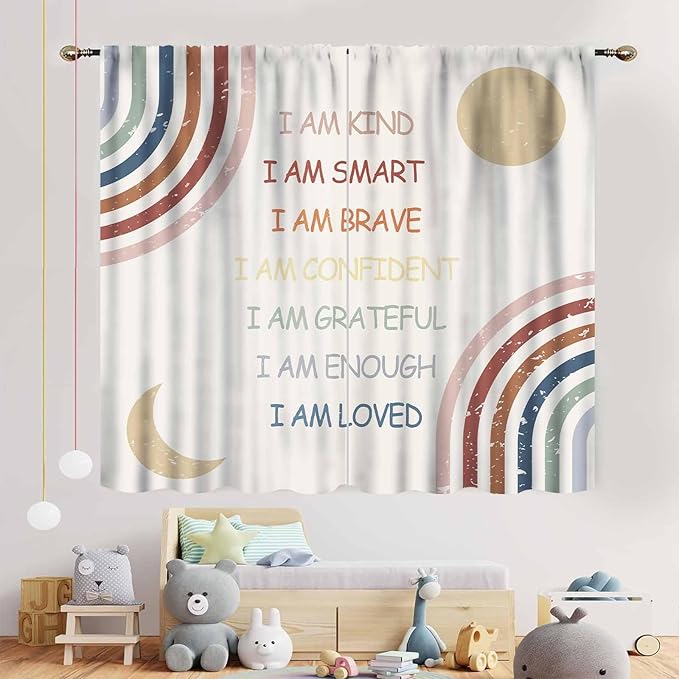 Rainbow Curtains for Girls Bedroom, Boho Rianbow Quotes Inspirational Motivational Positive Colorful Pastel Window Drapery for Baby Kids Living Room Toddler Nursery Classroom 2 Panels, 42"x45" Inch