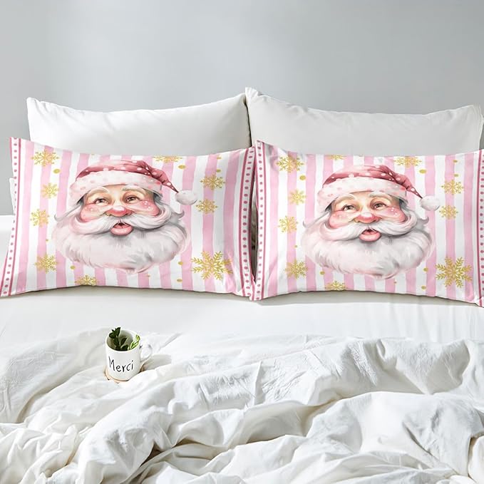 Manfei Cartoon Santa Claus Duvet Cover,New Yrar Decor Golden Snowflake Christmas Theme Bedding Set for Bedroom Decor,Girly Pink Geometric Stripes All Season Bedding (NO Comforter) Full Size