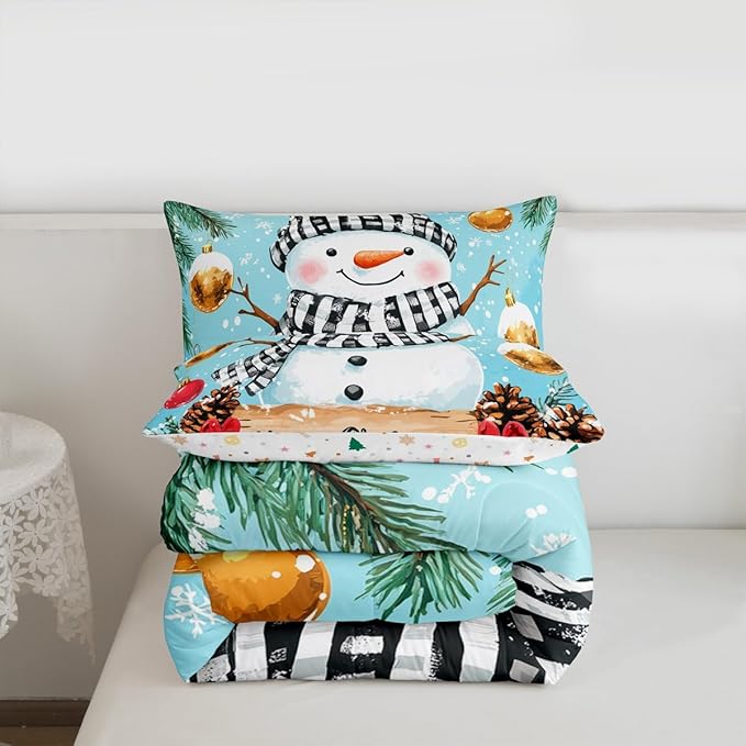 Feelyou Merry Christmas Comforter Set Toddler Size Cute Snowman Bedding Set for Kids Boys Girls Snowflake Duvet Quilt Winter Bedroom Decor Microfiber 2 Pcs with 1 Pillow Cases