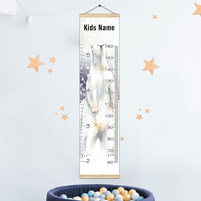 Personalized Kids Name Growth Chart Ruler for Wall Wood Frame Height Measure Chart 13.4x56 in Linen Hanging Height Growth Chart Winter Snow Animal Polar Bear Kids Room Decor