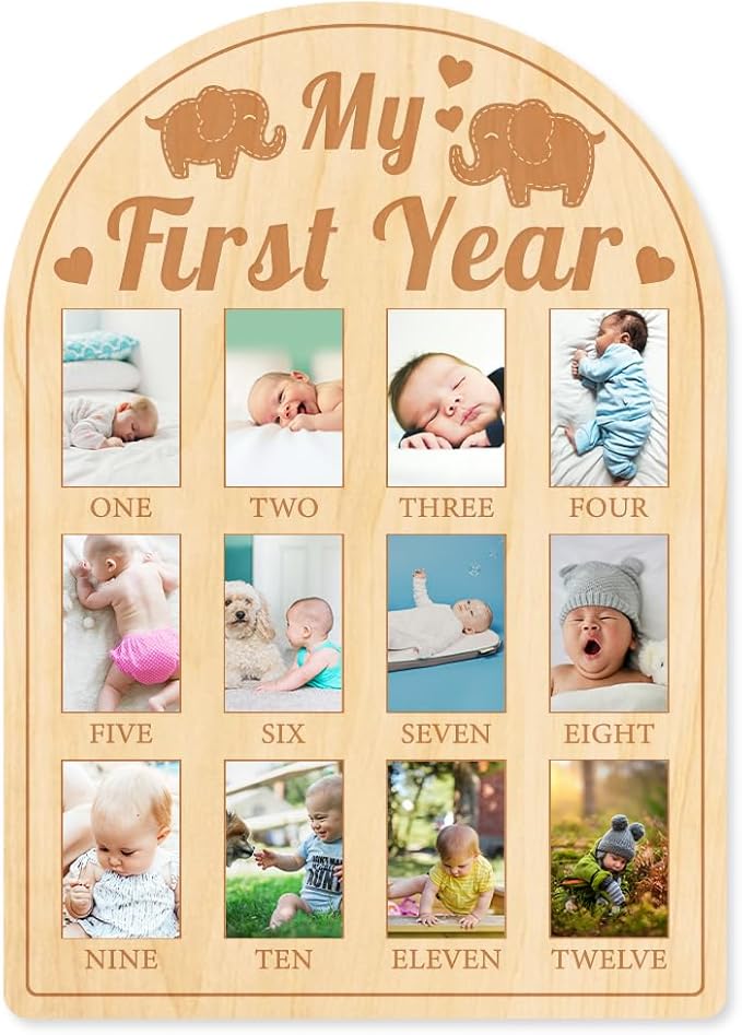 ORIGACH My First Year Baby Growth Photo Display Wood Board - 12 Months Newborn Milestones Photo Board - Neutral Baby Keepsake Frame 1st Birthday Party Nursery Decor New Mom Gift - Elephant