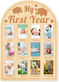 ORIGACH My First Year Baby Growth Photo Display Wood Board - 12 Months Newborn Milestones Photo Board - Neutral Baby Keepsake Frame 1st Birthday Party Nursery Decor New Mom Gift - Elephant